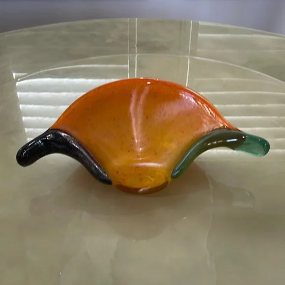 Handmade Blown Glass Vase Candy Bowl Orange Iridescent